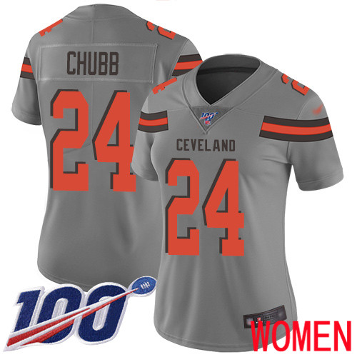 Cleveland Browns Nick Chubb Women Gray Limited Jersey #24 NFL Football 100th Season Inverted Legend->women nfl jersey->Women Jersey
